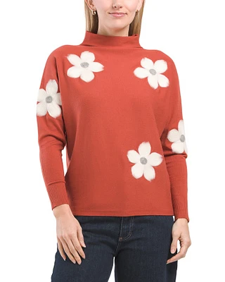 Flower Embroidered Dolman Mock Neck Pullover