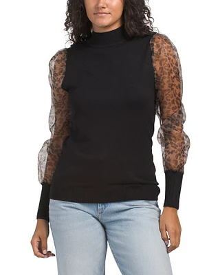 Leopard Print Puff Long Sleeve Pull Over Sweater