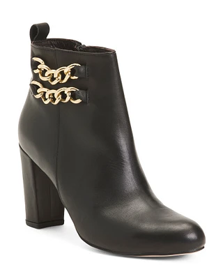 Leather Heeled Booties With Side Chain And Zipper For Women