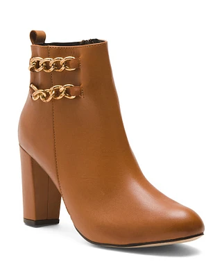 Leather Heeled Booties With Chain Detail For Women