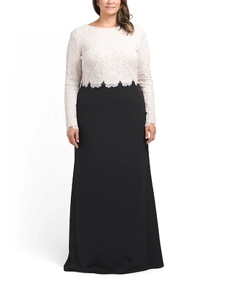 Long Sleeve Lace Top Gown With Scallop Detail For Women