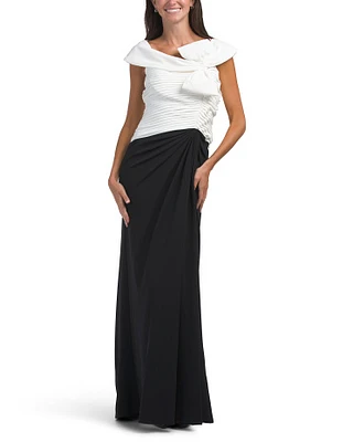 Off The Shoulder Bow Detail Color Block Gown With Ruched Front For Women