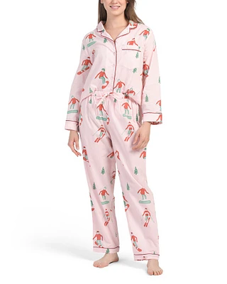 2Pc Cotton Ski Scene Long Pajama Set