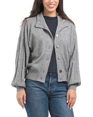 Merino Wool Cashmere Blend Button Cardigan With Cable Sleeve Detail