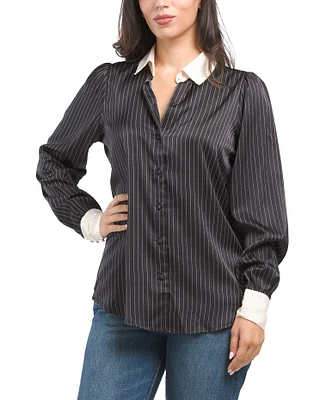 Satin Pinstripe Top With Contrast Collar And Cuffs For Women