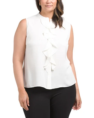 Plus Sleeveless Button And Ruffle Front Blouse For Women