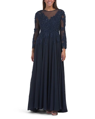 Beaded Applique Illusion High Neck Gown For Women