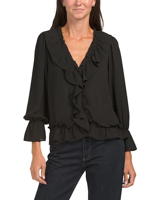 Ruffle Front Long Sleeve Blouse For Women