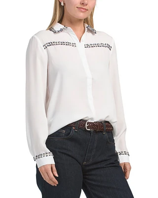 Long Sleeve Blouse With Boucle Trim For Women