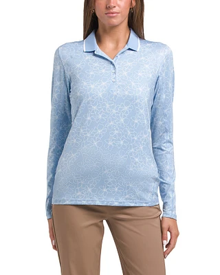 You V Island Flower Long Sleeve Polo For Women