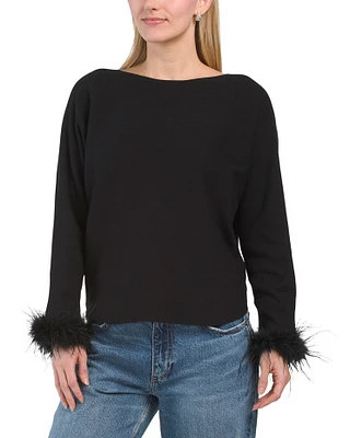 Feather Cuff Dolman Sleeved Pull Over Sweater