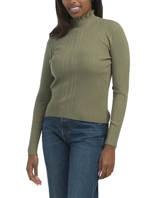 Ruffle High Neck Ribbed Textured Pull Over Sweater