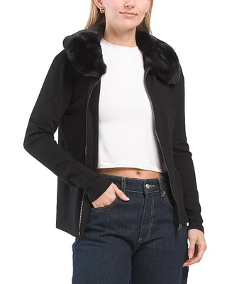 Zip Cardigan With Faux Fur Collar