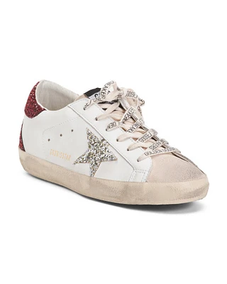 Super Star Leather Sneakers With Glitter Star And Glitter Heel For Women