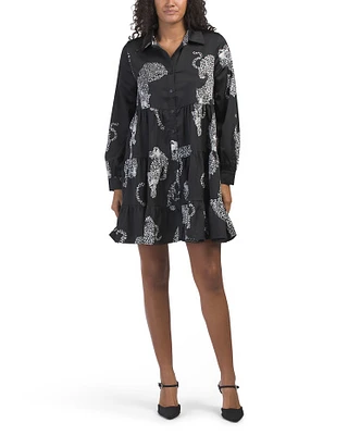 Long Sleeve Animal Print Tiered Mini Dress For Women