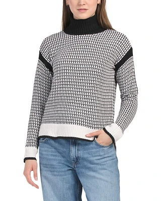 Two Color Jacquard Turtleneck Pullover With Slits