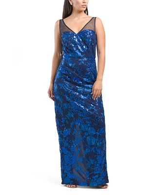 Sleeveless Sequin Gown With Illusion Shoulder Detail For Women