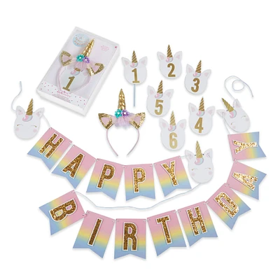 Kate Aspen® Gold Glitter Unicorn Happy Birthday Party Décor Kit