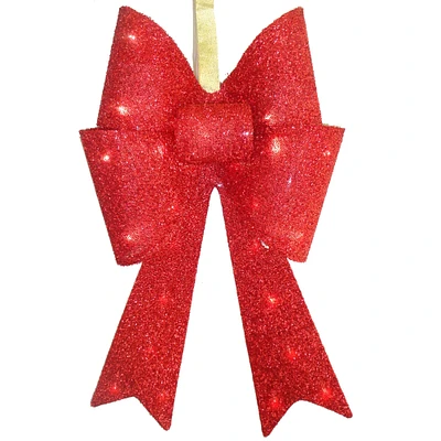 20" Red Tinsel Bow with 13 Warm White LED Lights