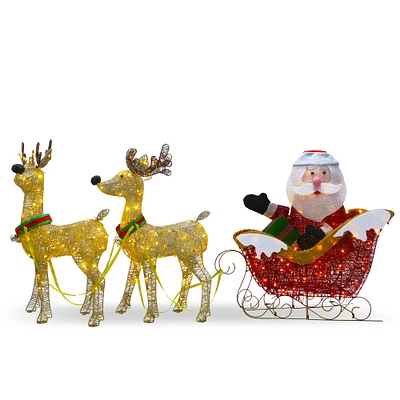 34" Santa & Reindeer Pulling Sleigh, Clear Lights