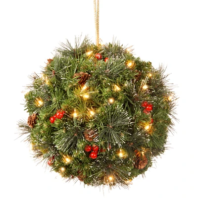 16" Pre-lit Crestwood Spruce Artificial Christmas Kissing Ball with Silver Bristle, Cones, Red Berries & Glitter with LED Lights