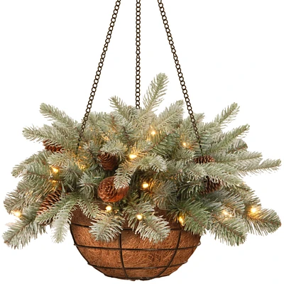  20" Feel Real® Frosted Artic Artificial Christmas Spruce Hanging Basket with Cones and 35 Warm White Battery Operated LED Lights with Timer