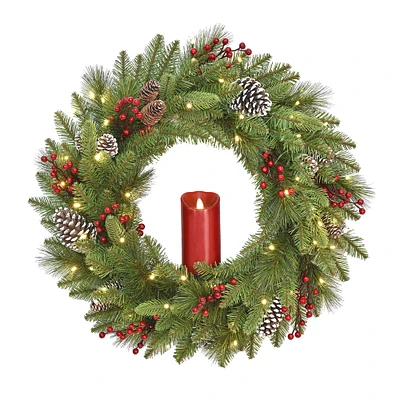 24" Feel Real® Bristle Berry Wreath with 50ct. Warm White Battery Operated LED lights, Red Electronic Candle, Red Berries & Cones