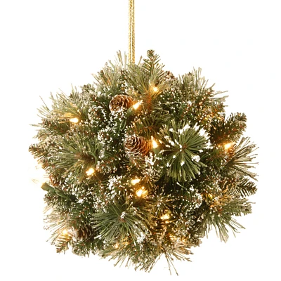 12" Pre-lit Glittery Bristle® Artificial Christmas Pine Kissing Ball with Pine Cones and Warm White LED Lights