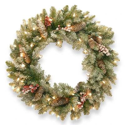 24" Dunhill Fir® Wreath with Snow, Red Berries, Pine Cones & Clear Lights