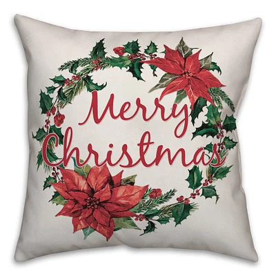 Designs Direct Merry Christmas Poinsetta Wreath 18x18 Throw Pillow
