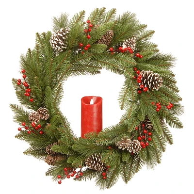 24" Feel Real® Bristle Berry Wreath with Red Electronic Candle, Red Berries & Cones