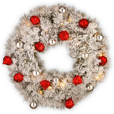 30" Snowy Bristle Pine Wreaths with Red & Silver Ornaments & 70ct. Warm White Battery Operated LED Lights with Timer