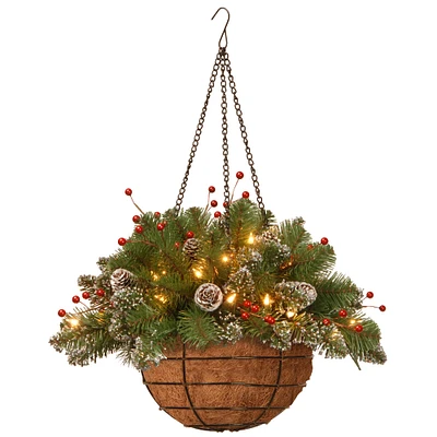 20" Pre-lit Glittery Mountain Artificial Christmas Spruce Hanging Basket with White Edged Cones, Red Berries and Warm White LED Lights