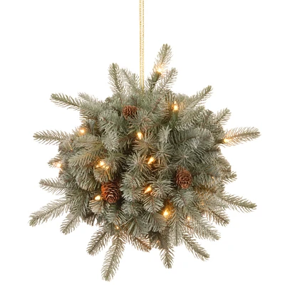 12" Pre-lit Feel Real® Frosted Artic Artificial Christmas Spruce Kissing Ball with Cones & 35 Warm White Battery Operated LED Lights with Timer