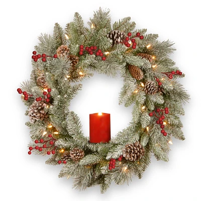 24" Feel Real® Snowy Bristle Wreath with 50ct. Warm White Battery Operated LED Lights with Red Electronic Candle, Red Berries & Cones