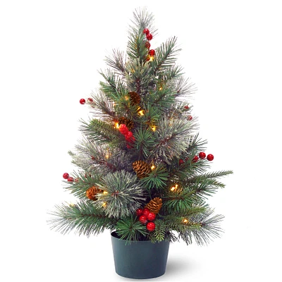 2ft. Feel Real® Colonial Small Wrapped Artificial Christmas Tree With Red Berries & Cones, Warm White LED Lights