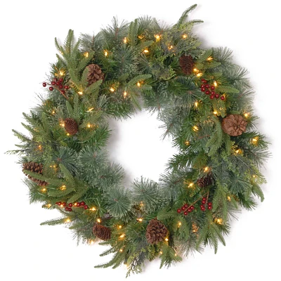 24" Feel Real® Colonial Wreath with Pine Cones, Red Berries & Dual Color LED Lights