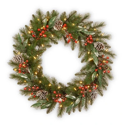 24" Frosted Pine Berry Collection Wreaths with Pine Cones, Red Berries, Silver Glittered Eucalyptus Leaves & Warm White LED Lights