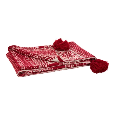 Glitzhome® Red & White Knited Acrylic Throw Blanket with Tassels