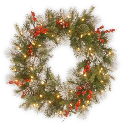 30" Feel Real® Wintry Berry Collection Wreaths with Big Pine Cones, Red Berries & Snowy Bristle with 50ct. Warm White Battery Operated LED Lights with Timer