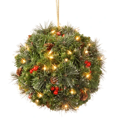 12" Pre-lit Crestwood Spruce Artificial Christmas Kissing Ball with Silver Bristle, Cones, Red Berries & Glitter with Warm White LED Lights