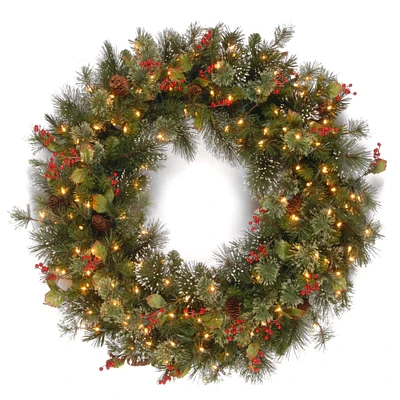 36" Wintry Pine® Cone, Red Berries & Snowflakes Wreath With Clear Lights