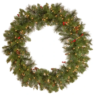 36" Crestwood Spruce Wreath with Silver Bristle, Cones, Red Berries & Glitter with 200ct. Clear Lights
