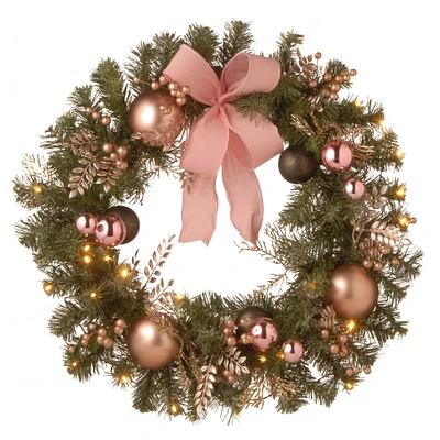 28" Decorated Pine Wreath with Bow, Gold Ornaments & Berries with 25ct. Warm White Battery Operated LED Lights