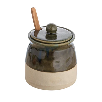 Green Stoneware Sugar Pot with Lid & Wood Spoon