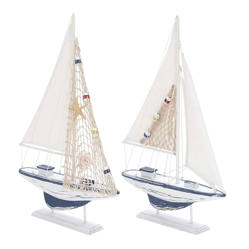 White Wood Coastal Sail Boat Sculpture Set