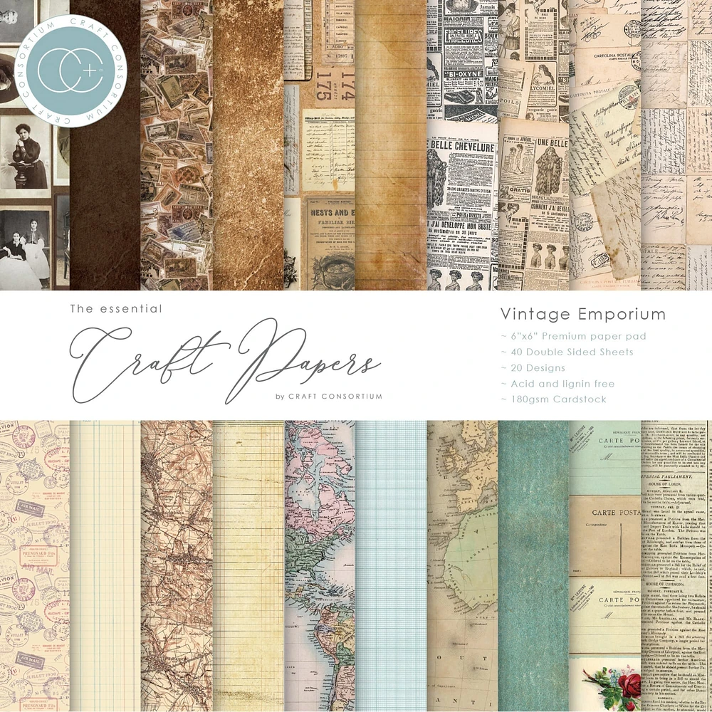 Craft Consortium Vintage Emporium Double-Sided Paper Pad, 6" x 6"