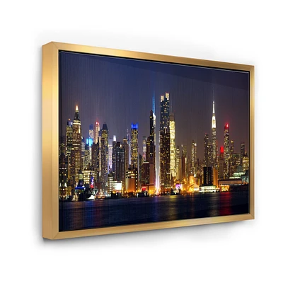 Designart - New York Skyline at Night - Cityscape Photo Framed Canvas Print