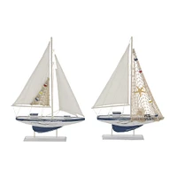 White Wood Coastal Sail Boat Sculpture Set