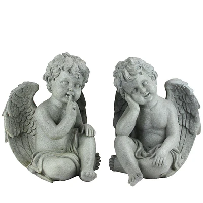 12.5" Distressed Gainsboro Gray Sitting Cherub Angels Outdoor Garden Statues